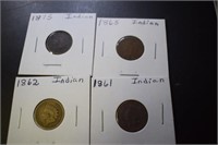 (4) Indian Head Pennies - 1861, 62, 65, 75