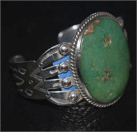 Sterling Silver Cuff Bracelet w/ Large Green Stone