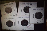 (5) Five-Cent Shield Nickel Coins - 1867, 68, 70,