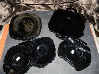 ANTIQUE BLACK AMETHYST PLATES, CURLED GLASS DISH