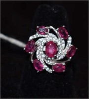 Sterling Silver Ring w/ Rubies and White Stones