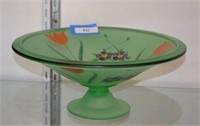 Frosted Hand Painted Vaseline Glass Pedestal Bowl