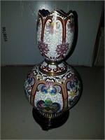 Lovely cloisonne Asian Motif vase with wood