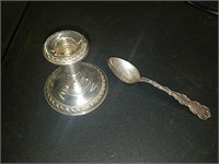 Sterling silver spoon and candlestick. Overall