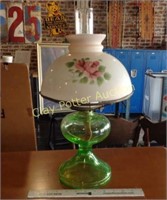 Vaseline Glass Lamp with Shade & Chimney