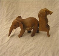 Hand Carved Wood Elephant & Lion Figurines
