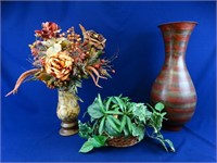 Large Metal Vase & Silks
