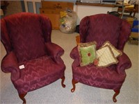 2 Burgundy Upholstered Wingback Chairs