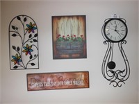 Wall Decor 4pcs: metal clock, floral & paintings