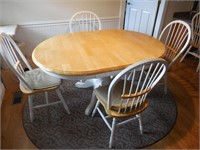 Maple top white pedestal table with 5 chairs