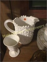 FINE MILK GLASS PITCHER AND TWO GOBLETS