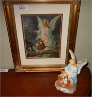 Framed Guardian Angel print with matching figurine