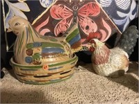 POTTERY COVERED HEN AND CERAMIC ROOSTER
