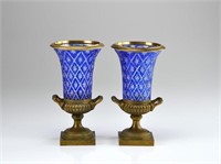Pr of Austrian flashed glass urns w/ bronze mounts