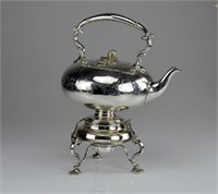 Late Victorian silver plate tilt kettle on stand