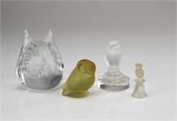 Four glass owl paperweights