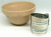 Vintage Flour Sifter & Large Crock Bowl