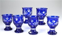 Six Bohemain blue flashed wine glasses