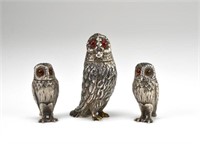 Three English silver owl pepper shakers
