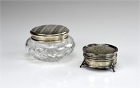 English silver jewellery box with glass vanity jar