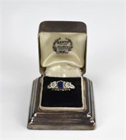 Gold, diamond, & sapphire ring and silver ring box