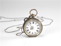 English silver lady's pocket watch & silver chain