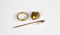 14k gold ring band, stick pin w/ diamond, & locket