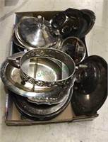 Box a lot of silver plate including trays, Bowles