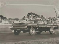 Plymouth black and white drag racing photo sinner