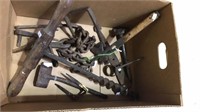 Box a lot of antique tools, wrought iron pieces,
