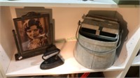 Galvanized Mop Bucket, Sad Iron, Art Deco Frame