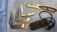 Three folding pocket knives and one knife with