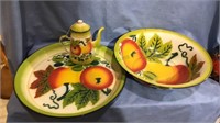Three pieces of decorative enamelware, teapot,
