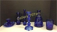 Cobalt blue etched glass decanter and tumbler