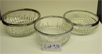 3 Vintage Metal Rim Cut Glass Bowls