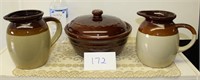 Pottery Bean Pot w/Lid & 2 Ptichers