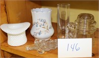 6 Pc Glass Lot w/Insulater, Vase & Hat