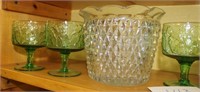 Four Green Glasses & Glass Ice Bucket