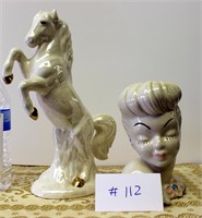 Vintage Lady Head Vase & Rearing Horse