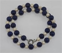 Pearl and lapis bead necklace