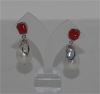 Pair of silver, baroque pearl and coral earrings