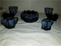 Antique artist signed cobalt blue Pottery set.