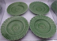 Four Portuguese green Majolica plates