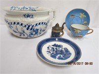 Chamber pot,as is  blue willow saucer, miniature