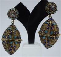 Pair of Chinese export silver and enamel earrings
