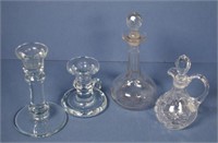 Two crystal decanters & 2 glass candle holders