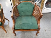 VTG CANE BARREL CHAIR GREEN TUFTED BACK