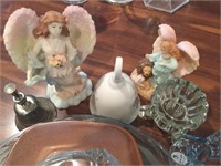 Fenton glass, angels, bell, & platters.