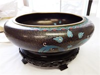 Cloisonne Navy & Turquoise Enamel Bowl & Stand
