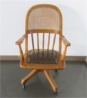 Oak Desk Chair w/ Arms & Leather Style Padded Seat